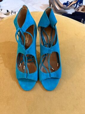 Aquazzura Turquoise Lace-Up Suede Peep-Toe Heels